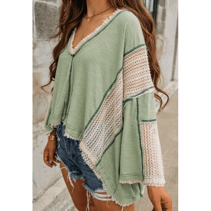 Mandee Grass Green Crochet Detail Exposed Seam High Low Loose Top