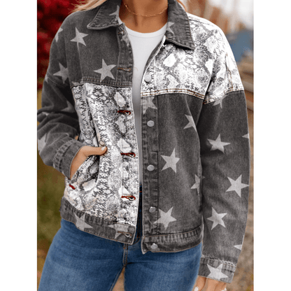 Loray Black Star Snakeskin Printed Patchwork Denim Jacket