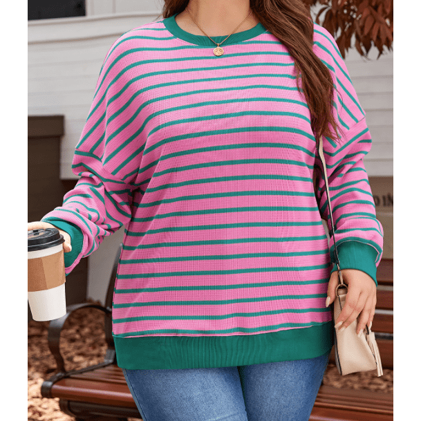 Lolli Pink Stripe Waffle Knit Crew Neck PLUS SIZE Sweatshirt