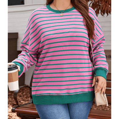 Lolli Pink Stripe Waffle Knit Crew Neck PLUS SIZE Sweatshirt