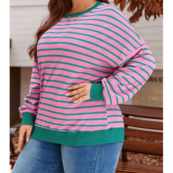 Lolli Pink Stripe Waffle Knit Crew Neck PLUS SIZE Sweatshirt