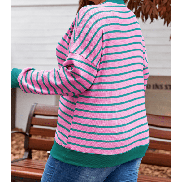 Lolli Pink Stripe Waffle Knit Crew Neck PLUS SIZE Sweatshirt