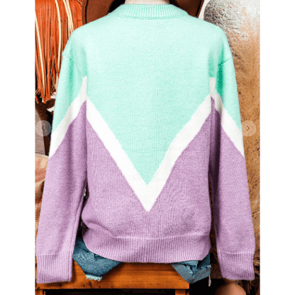 Daisy Green Chevron Colorblock Ribbed Knit Drop Shoulder Sweater