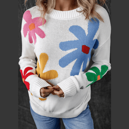 Marley White Colorful Big Flower Pattern Crewneck Sweater