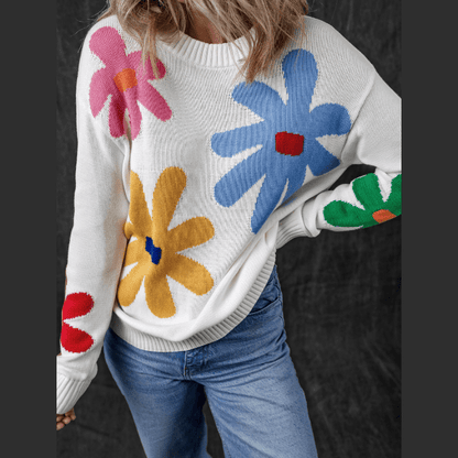 Marley White Colorful Big Flower Pattern Crewneck Sweater