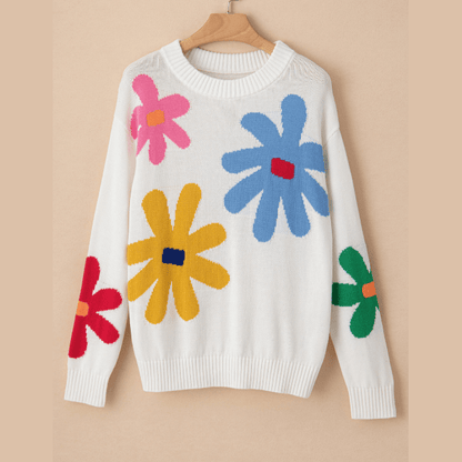 Marley White Colorful Big Flower Pattern Crewneck Sweater