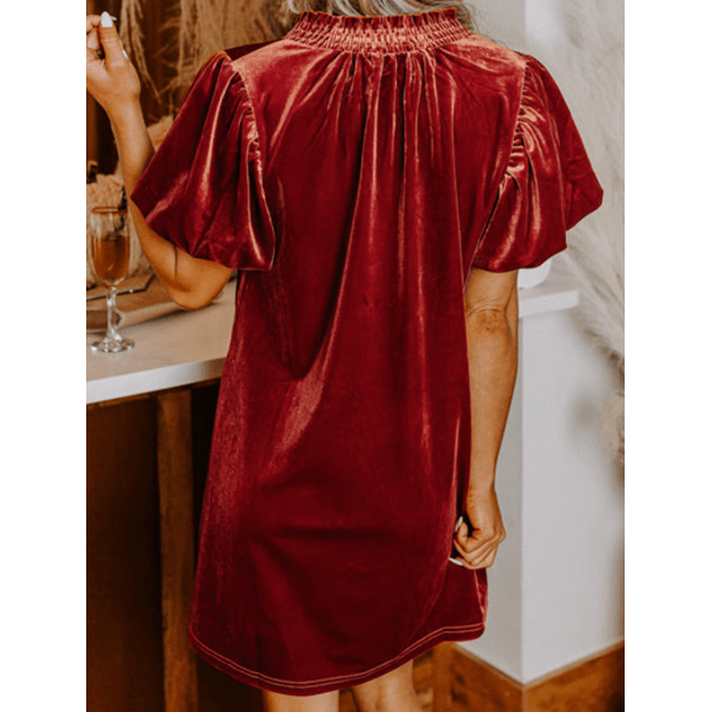 Bek Cinnamon Velvet Smocked Neckline Puff Sleeve Shift Mini Dress