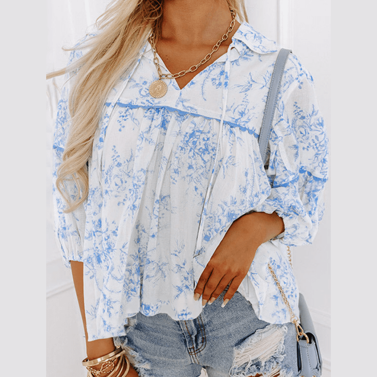 Torrey Sky Blue Floral 3/4 Sleeve Tied Collar Blouse