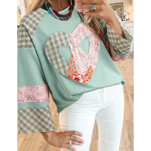 Nora Aqua Plaid Floral Peace Heart Graphic Wide Long Sleeve Top