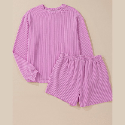 Zahra Pink Corded Knit Long Sleeve Top and High Waist Shorts Set