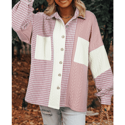 Ava Grace Pink Houndstooth Color Contrast Textured Patchwork Loose Shacket