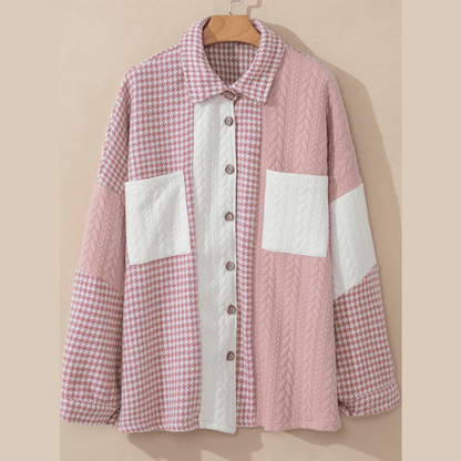 Ava Grace Pink Houndstooth Color Contrast Textured Patchwork Loose Shacket