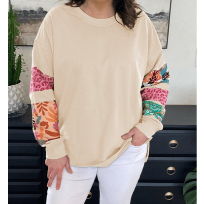 Sheryn Beige PLUS SIZE Printed Patchwork Sleeve Split Sweatshirt