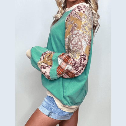 Karey PLUS SIZE Plaid Floral Patchwork Raglan Sleeve Sweatshirt