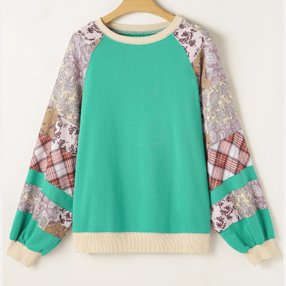 Karey PLUS SIZE Plaid Floral Patchwork Raglan Sleeve Sweatshirt