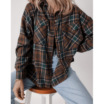 Adeline Brown Plaid Print Chest Pockets Buttoned Shirt Jacket