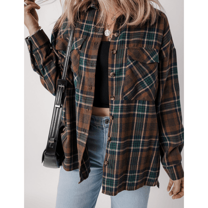 Adeline Brown Plaid Print Chest Pockets Buttoned Shirt Jacket