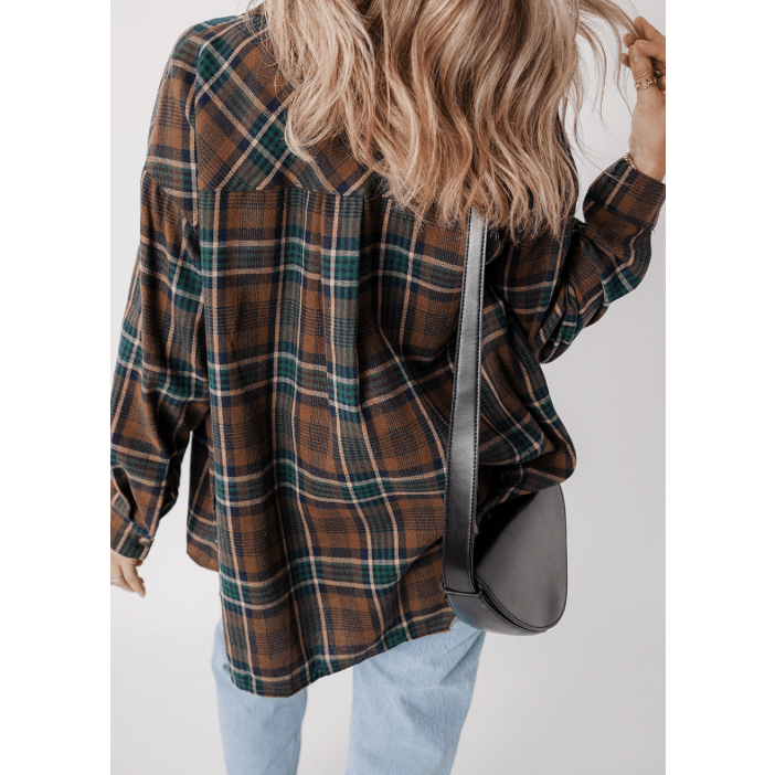 Adeline Brown Plaid Print Chest Pockets Buttoned Shirt Jacket