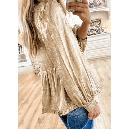 Ellie Mae Gold Metallic Frilled V Neck Puff Sleeve Babydoll Blouse