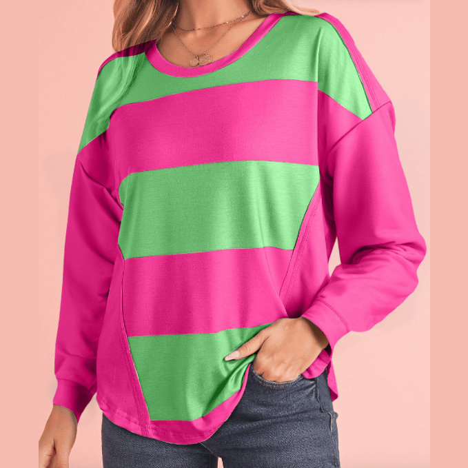 Aubree Hot Pink Colorblock Striped Drop Shoulder Loose Top