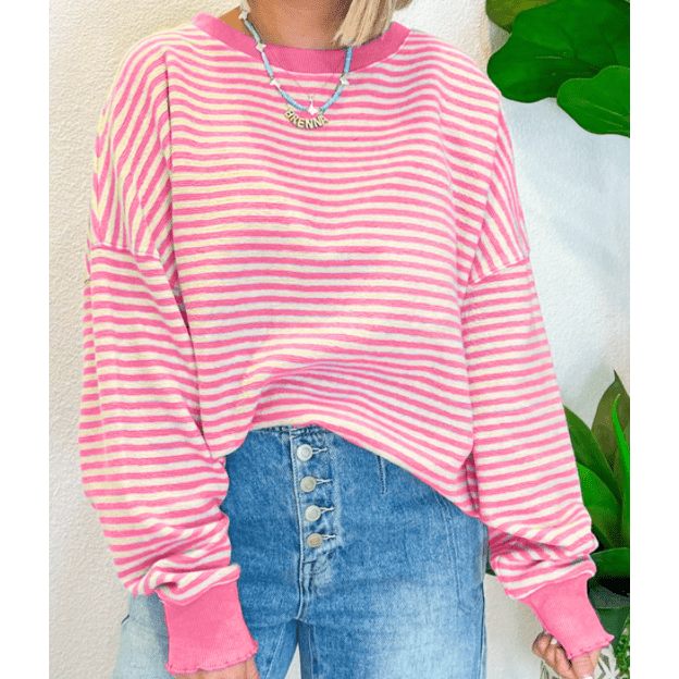 Carina Pink Stripe Loose Drop Shoulder Long Sleeve Top