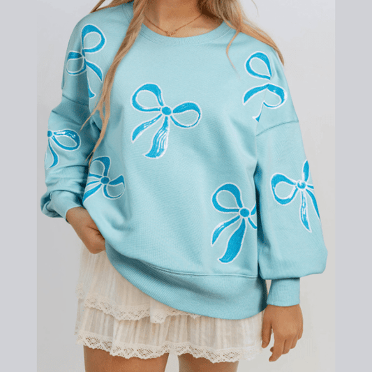 Thelma Blue Sequined Bowknot Drop Shoulder Oversized Sweatshirt