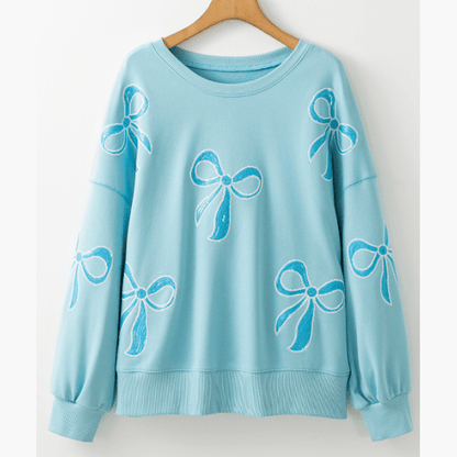 Thelma Blue Sequined Bowknot Drop Shoulder Oversized Sweatshirt