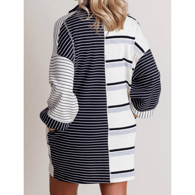 Kamilla Black Stripe Colorblock Knit Henley Collar Shift Long Sleeve Mini Dress