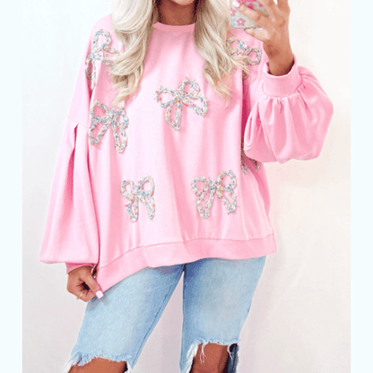 Brecklyn Light Pink Embroidered Bow Lantern Sleeve Oversized Pullover Sweatshirt