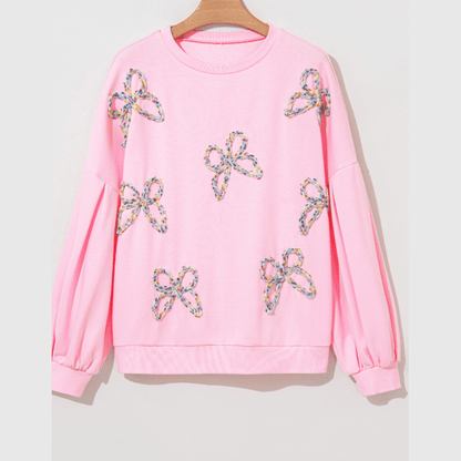 Brecklyn Light Pink Embroidered Bow Lantern Sleeve Oversized Pullover Sweatshirt