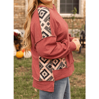 Sheba Aztec Patchwork Drop Shoulder PLUS SIZE High Low Sweatshirt