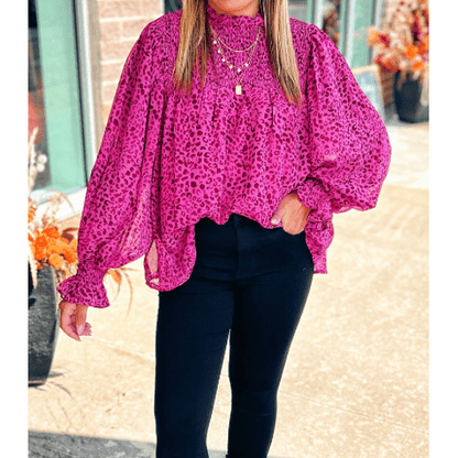 Bethina Leopard Shirred Puff Sleeve Flowy Blouse