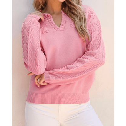 Vilma Peach Blossom Flower Detail Knitted Notched Neck Sweater