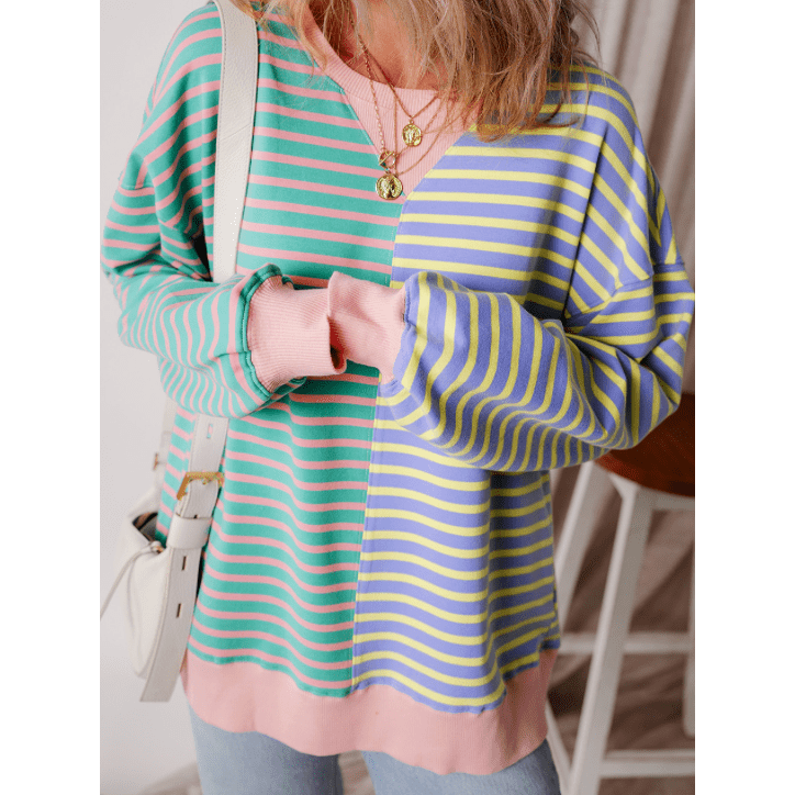 Karra Blue Stripe Colorblock Drop Shoulder Oversize Sweatshirt