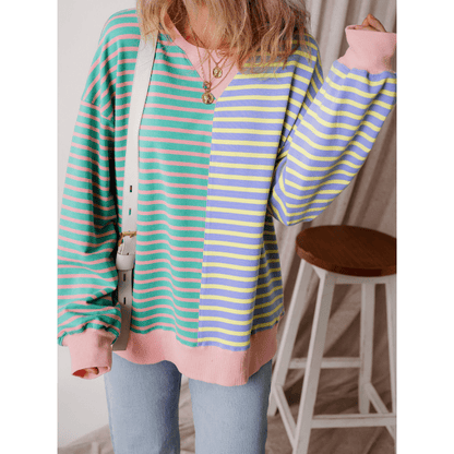 Karra Blue Stripe Colorblock Drop Shoulder Oversize Sweatshirt