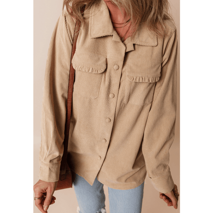 Claribel Light French Beige Solid Frilled Flap Pocket Button Up Corduroy Shacket