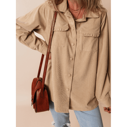 Claribel Light French Beige Solid Frilled Flap Pocket Button Up Corduroy Shacket