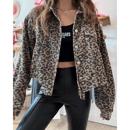 Emma Jane Dark Khaki Leopard Print Corduroy Irregular Hem Buttoned Jacket