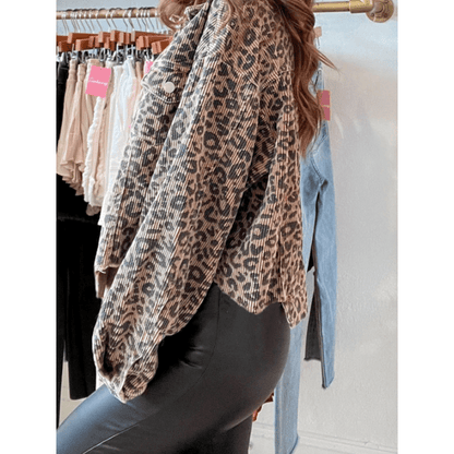 Emma Jane Dark Khaki Leopard Print Corduroy Irregular Hem Buttoned Jacket