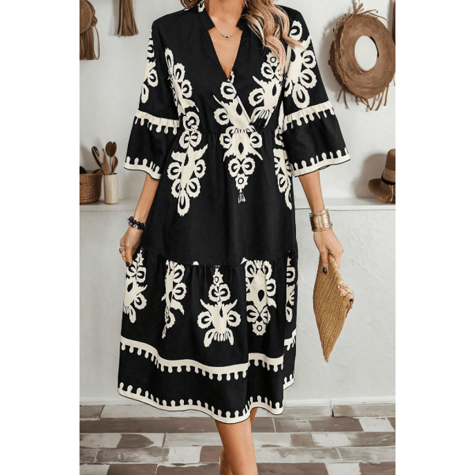 Kaden Black Western Geometric Print 3/4 Sleeve Loose Midi Dress