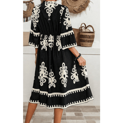 Kaden Black Western Geometric Print 3/4 Sleeve Loose Midi Dress