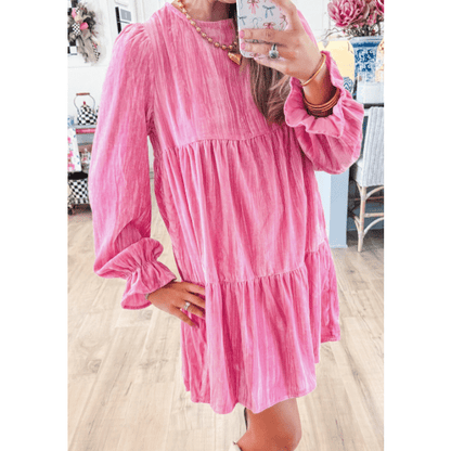 Maree Strawberry Pink Flounce Sleeve Tiered Ruffled Velvet Mini Dress