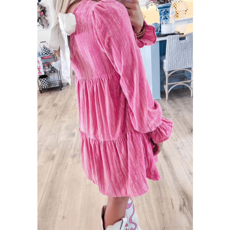 Maree Strawberry Pink Flounce Sleeve Tiered Ruffled Velvet Mini Dress