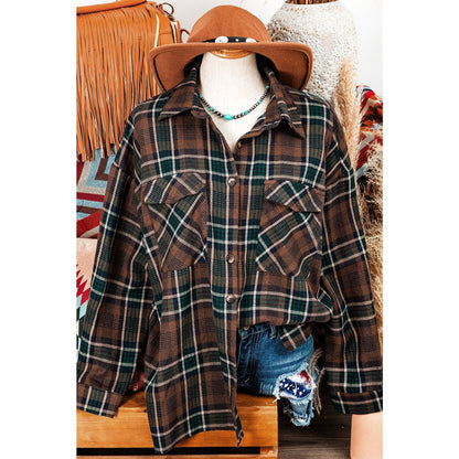 Adeline Brown Plaid Print Chest Pockets Buttoned Shirt Jacket