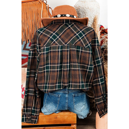 Adeline Brown Plaid Print Chest Pockets Buttoned Shirt Jacket