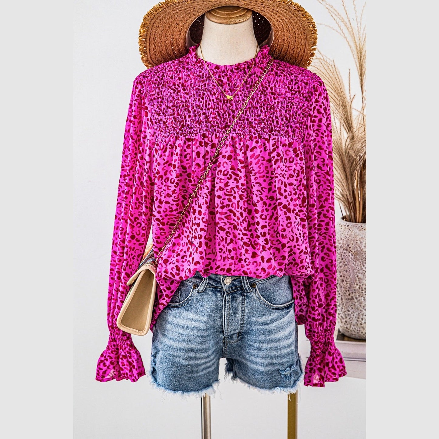 Bethina Leopard Shirred Puff Sleeve Flowy Blouse