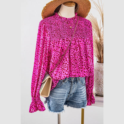 Bethina Leopard Shirred Puff Sleeve Flowy Blouse