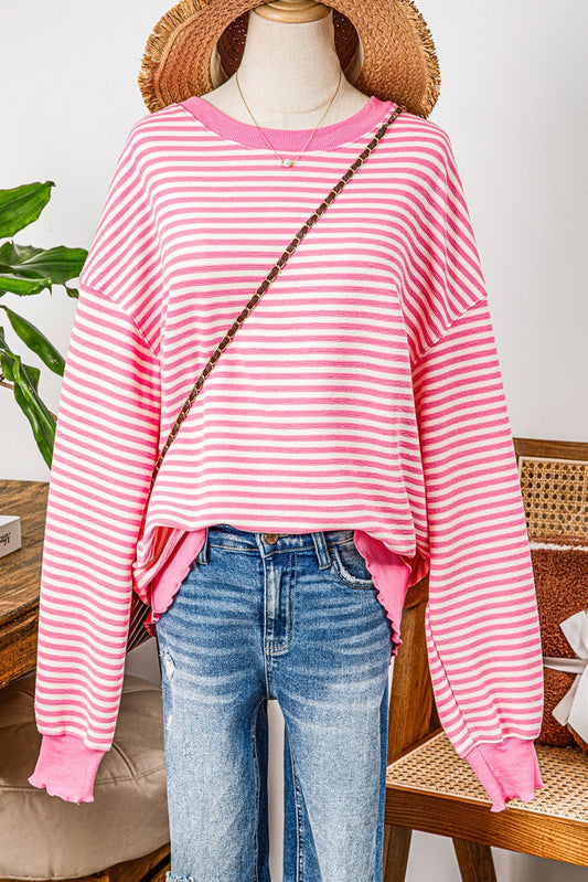 Carina Pink Stripe Loose Drop Shoulder Long Sleeve Top