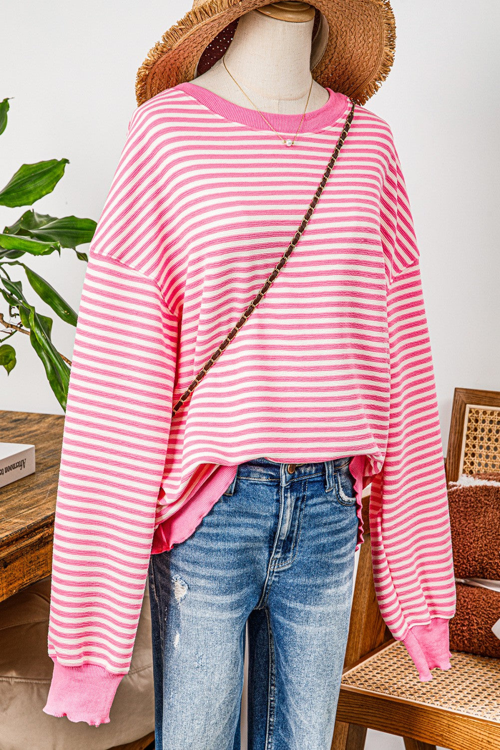 Carina Pink Stripe Loose Drop Shoulder Long Sleeve Top