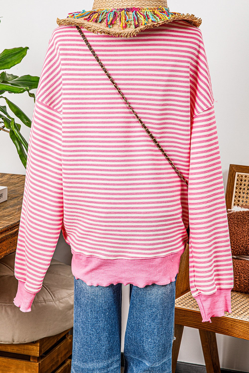 Carina Pink Stripe Loose Drop Shoulder Long Sleeve Top